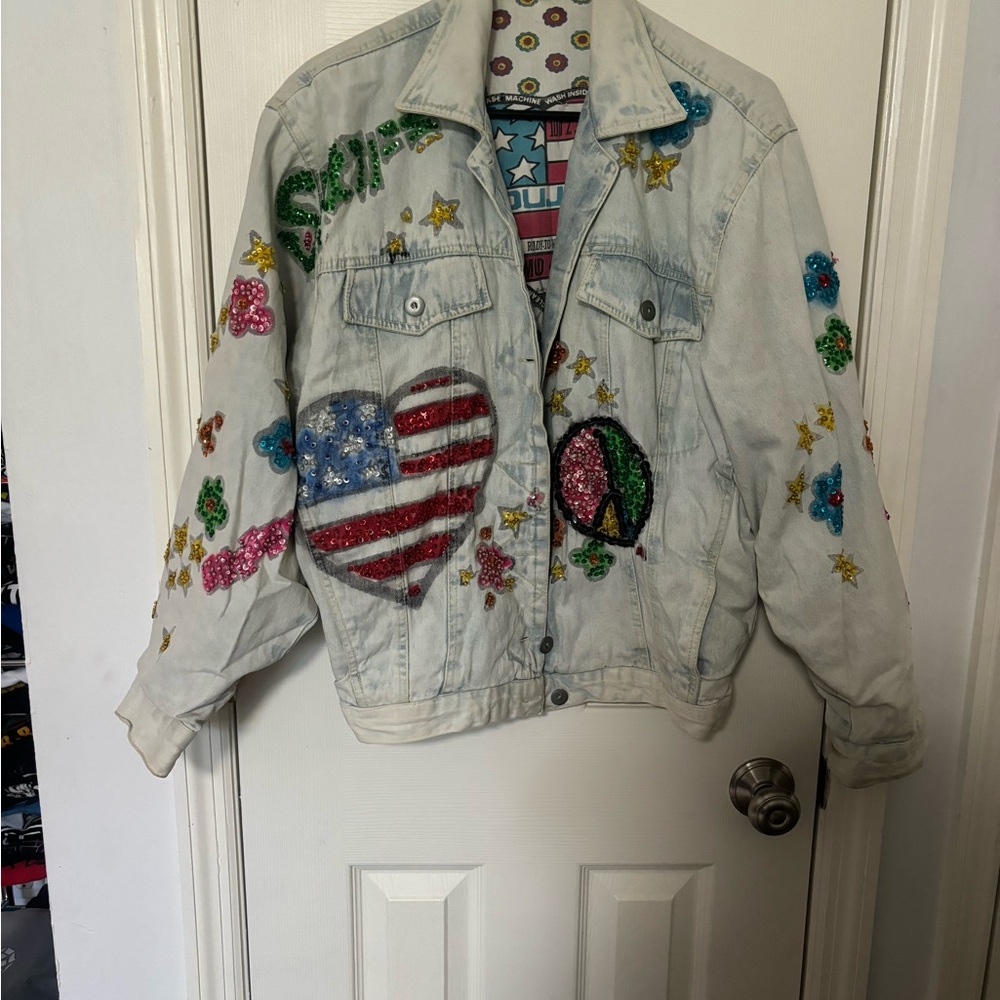 Jou Jou Heart-Shaped American Flag Custom Jean Jacket - Sixties Revolution